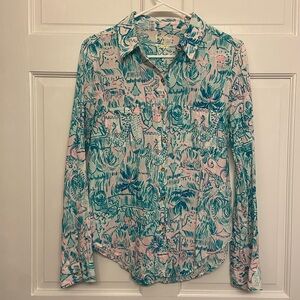 Lilly Pulitzer Teal & Pink Printed Button-Down Shirt